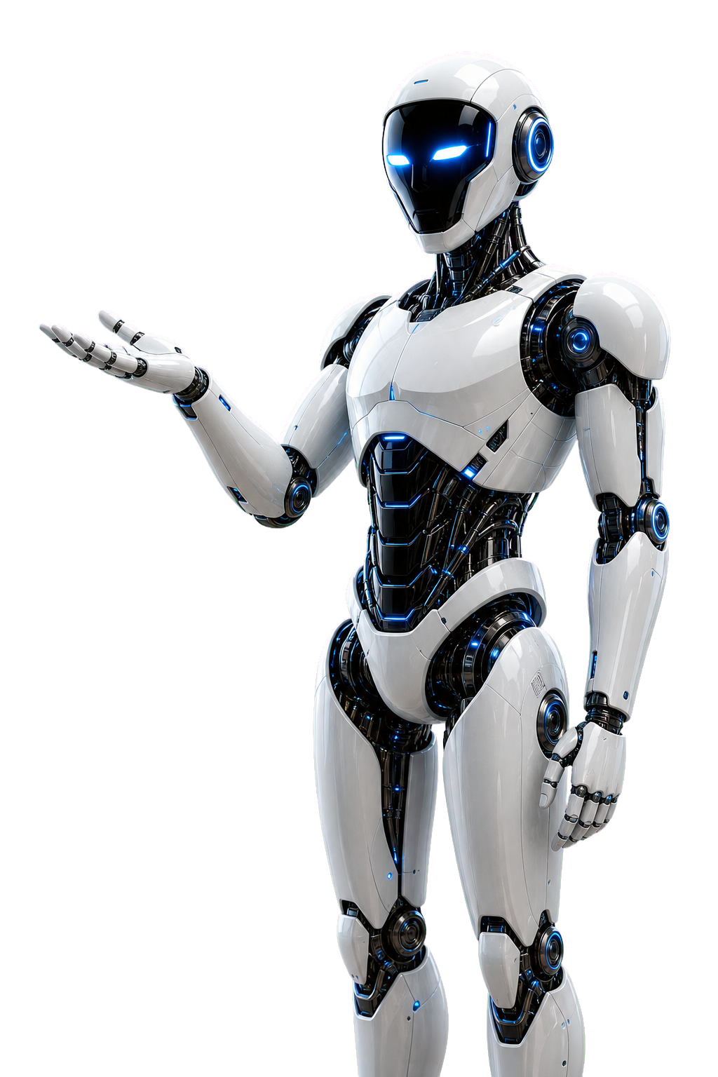 Futuristic GRPTechs service robot presenting the company solutions